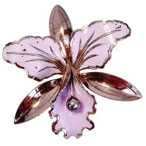 Vintage Large Enamel Tropical Flower Brooch Mid Century Purple Metal Orchid Pin